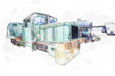 Eski dar ölçü demiryolu motoru, sanat, illüstrasyon, çizim, eskiz, antika, antika, antika.