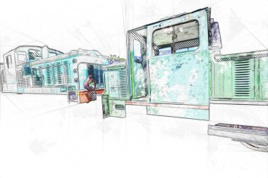 Eski dar ölçü demiryolu motoru, sanat, illüstrasyon, çizim, eskiz, antika, antika, antika.