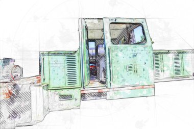 Eski dar ölçü demiryolu motoru, sanat, illüstrasyon, çizim, eskiz, antika, antika, antika.