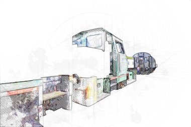 Eski dar ölçü demiryolu motoru, sanat, illüstrasyon, çizim, eskiz, antika, antika, antika.