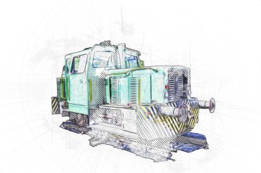 Eski dar ölçü demiryolu motoru, sanat, illüstrasyon, çizim, eskiz, antika, antika, antika.