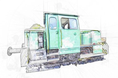 Eski dar ölçü demiryolu motoru, sanat, illüstrasyon, çizim, eskiz, antika, antika, antika.