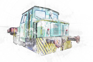 Eski dar ölçü demiryolu motoru, sanat, illüstrasyon, çizim, eskiz, antika, antika, antika.