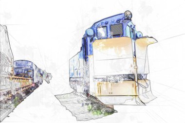 Eski dar ölçü demiryolu motoru, sanat, illüstrasyon, çizim, eskiz, antika, antika, antika.