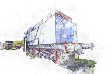 Eski dar ölçü demiryolu motoru, sanat, illüstrasyon, çizim, eskiz, antika, antika, antika.