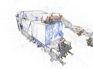 Eski dar ölçü demiryolu motoru, sanat, illüstrasyon, çizim, eskiz, antika, antika, antika.