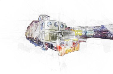 Eski dar ölçü demiryolu motoru, sanat, illüstrasyon, çizim, eskiz, antika, antika, antika.