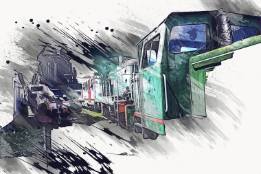 Eski dar ölçü demiryolu motoru, sanat, illüstrasyon, çizim, eskiz, antika, antika, antika.