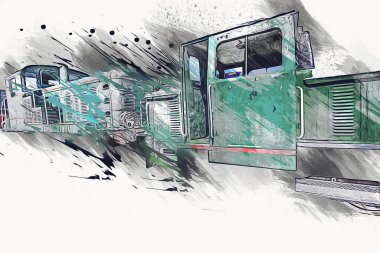 Eski dar ölçü demiryolu motoru, sanat, illüstrasyon, çizim, eskiz, antika, antika, antika.