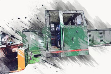 Eski dar ölçü demiryolu motoru, sanat, illüstrasyon, çizim, eskiz, antika, antika, antika.