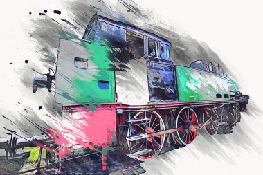 Eski dar ölçü demiryolu motoru, sanat, illüstrasyon, çizim, eskiz, antika, antika, antika.