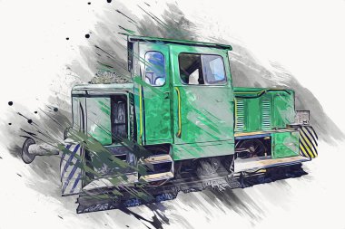 Eski dar ölçü demiryolu motoru, sanat, illüstrasyon, çizim, eskiz, antika, antika, antika.