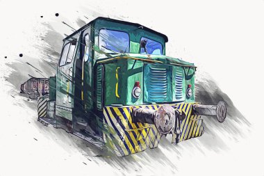 Eski dar ölçü demiryolu motoru, sanat, illüstrasyon, çizim, eskiz, antika, antika, antika.