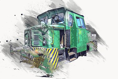 Eski dar ölçü demiryolu motoru, sanat, illüstrasyon, çizim, eskiz, antika, antika, antika.