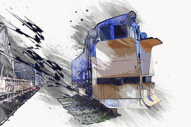 Eski dar ölçü demiryolu motoru, sanat, illüstrasyon, çizim, eskiz, antika, antika, antika.