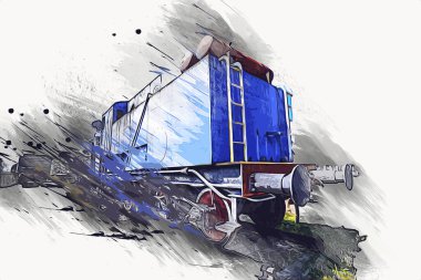 Eski dar ölçü demiryolu motoru, sanat, illüstrasyon, çizim, eskiz, antika, antika, antika.