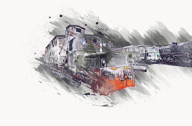 Eski dar ölçü demiryolu motoru, sanat, illüstrasyon, çizim, eskiz, antika, antika, antika.