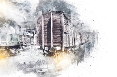 Eski tren vagonu, tren, sanat, illüstrasyon, çizim, eskiz, antika, antika, antika.