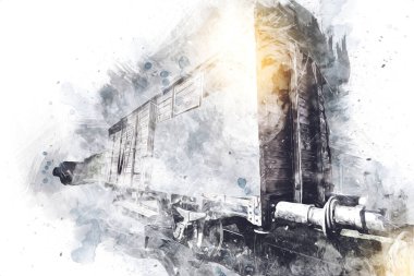 Eski tren vagonu, tren, sanat, illüstrasyon, çizim, eskiz, antika, antika, antika.