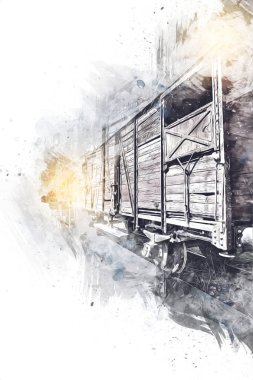 Eski tren vagonu, tren, sanat, illüstrasyon, çizim, eskiz, antika, antika, antika.