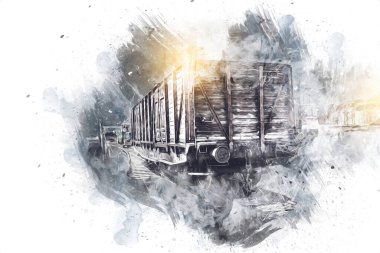 Eski tren vagonu, tren, sanat, illüstrasyon, çizim, eskiz, antika, antika, antika.