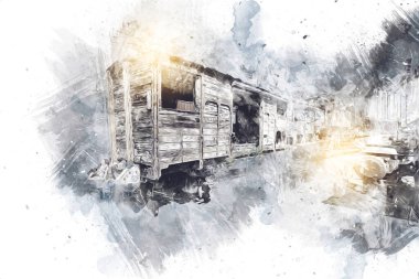 Eski tren vagonu, tren, sanat, illüstrasyon, çizim, eskiz, antika, antika, antika.