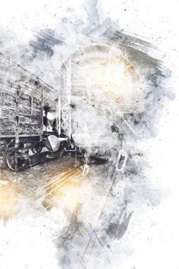 Eski tren vagonu, tren, sanat, illüstrasyon, çizim, eskiz, antika, antika, antika.