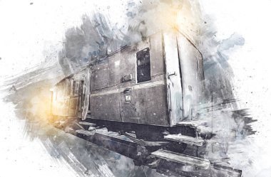 Eski tren vagonu, tren, sanat, illüstrasyon, çizim, eskiz, antika, antika, antika.