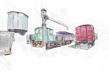 Eski tren vagonu, tren, sanat, illüstrasyon, çizim, eskiz, antika, antika, antika.