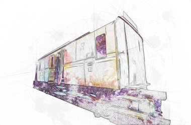 Eski tren vagonu, tren, sanat, illüstrasyon, çizim, eskiz, antika, antika, antika.