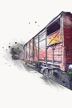 Eski tren vagonu, tren, sanat, illüstrasyon, çizim, eskiz, antika, antika, antika.