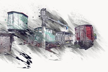 Eski tren vagonu, tren, sanat, illüstrasyon, çizim, eskiz, antika, antika, antika.