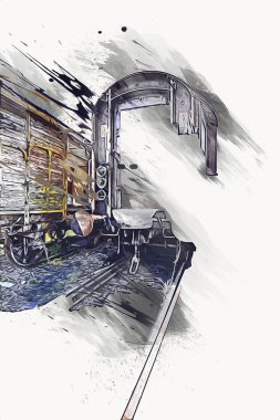 Eski tren vagonu, tren, sanat, illüstrasyon, çizim, eskiz, antika, antika, antika.
