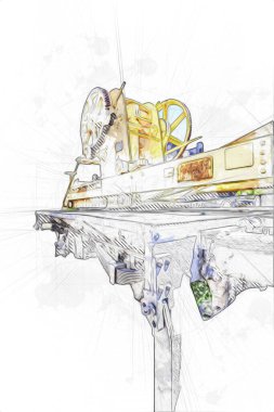 Demiryolu vinci, fotoğrafçılık, paslı, vagon, tren, sanat, illüstrasyon, çizim, eskiz, antika, retro, vintage.