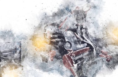 Buhar trenindeki makine odası, fotoğrafçılık, paslı, vagon, sanat, illüstrasyon, çizim, çizim, eskiz, antika, retro, vintage.