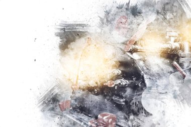 Buhar trenindeki makine odası, fotoğrafçılık, paslı, vagon, sanat, illüstrasyon, çizim, çizim, eskiz, antika, retro, vintage.