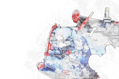 Buhar trenindeki makine odası, fotoğrafçılık, paslı, vagon, sanat, illüstrasyon, çizim, çizim, eskiz, antika, retro, vintage.