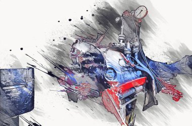 Buhar trenindeki makine odası, fotoğrafçılık, paslı, vagon, sanat, illüstrasyon, çizim, çizim, eskiz, antika, retro, vintage.