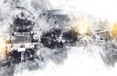 Farklı türde eski lokomotifler, tren, fotoğraf, paslı, vagon, sanat, illüstrasyon, çizim, eskiz, antika, antika, antika, antika.