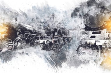 Farklı türde eski lokomotifler, tren, fotoğraf, paslı, vagon, sanat, illüstrasyon, çizim, eskiz, antika, antika, antika, antika.