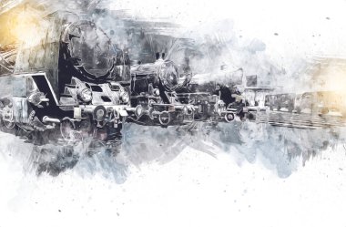 Farklı türde eski lokomotifler, tren, fotoğraf, paslı, vagon, sanat, illüstrasyon, çizim, eskiz, antika, antika, antika, antika.