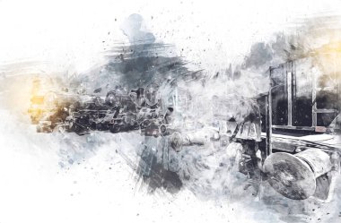Farklı türde eski lokomotifler, tren, fotoğraf, paslı, vagon, sanat, illüstrasyon, çizim, eskiz, antika, antika, antika, antika.