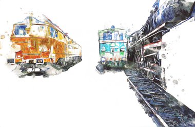 Farklı türde eski lokomotifler, tren, fotoğraf, paslı, vagon, sanat, illüstrasyon, çizim, eskiz, antika, antika, antika, antika.