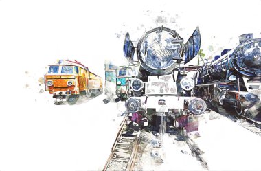 Farklı türde eski lokomotifler, tren, fotoğraf, paslı, vagon, sanat, illüstrasyon, çizim, eskiz, antika, antika, antika, antika.