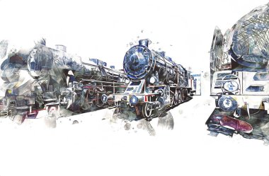 Farklı türde eski lokomotifler, tren, fotoğraf, paslı, vagon, sanat, illüstrasyon, çizim, eskiz, antika, antika, antika, antika.