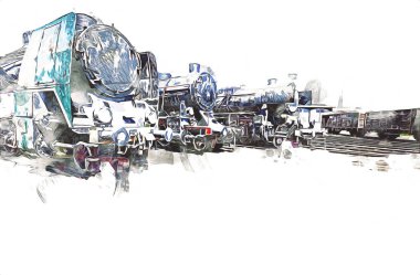 Farklı türde eski lokomotifler, tren, fotoğraf, paslı, vagon, sanat, illüstrasyon, çizim, eskiz, antika, antika, antika, antika.