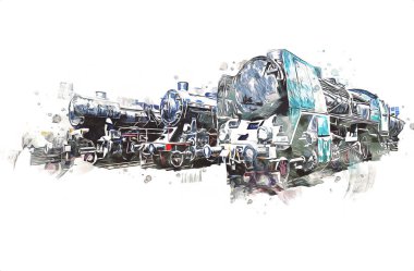 Farklı türde eski lokomotifler, tren, fotoğraf, paslı, vagon, sanat, illüstrasyon, çizim, eskiz, antika, antika, antika, antika.