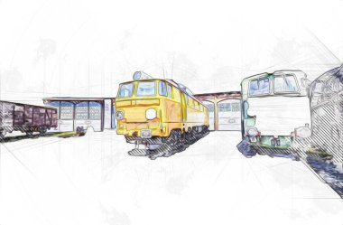 Farklı türde eski lokomotifler, tren, fotoğraf, paslı, vagon, sanat, illüstrasyon, çizim, eskiz, antika, antika, antika, antika.