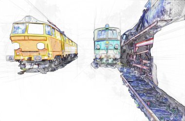 Farklı türde eski lokomotifler, tren, fotoğraf, paslı, vagon, sanat, illüstrasyon, çizim, eskiz, antika, antika, antika, antika.