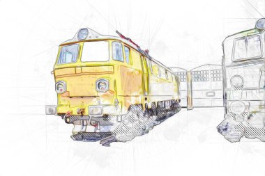 Farklı türde eski lokomotifler, tren, fotoğraf, paslı, vagon, sanat, illüstrasyon, çizim, eskiz, antika, antika, antika, antika.